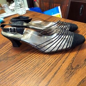 Vintage Retro Amanda CANCUN Black, Glitter, and Clear Slingback Heels Sz 11M